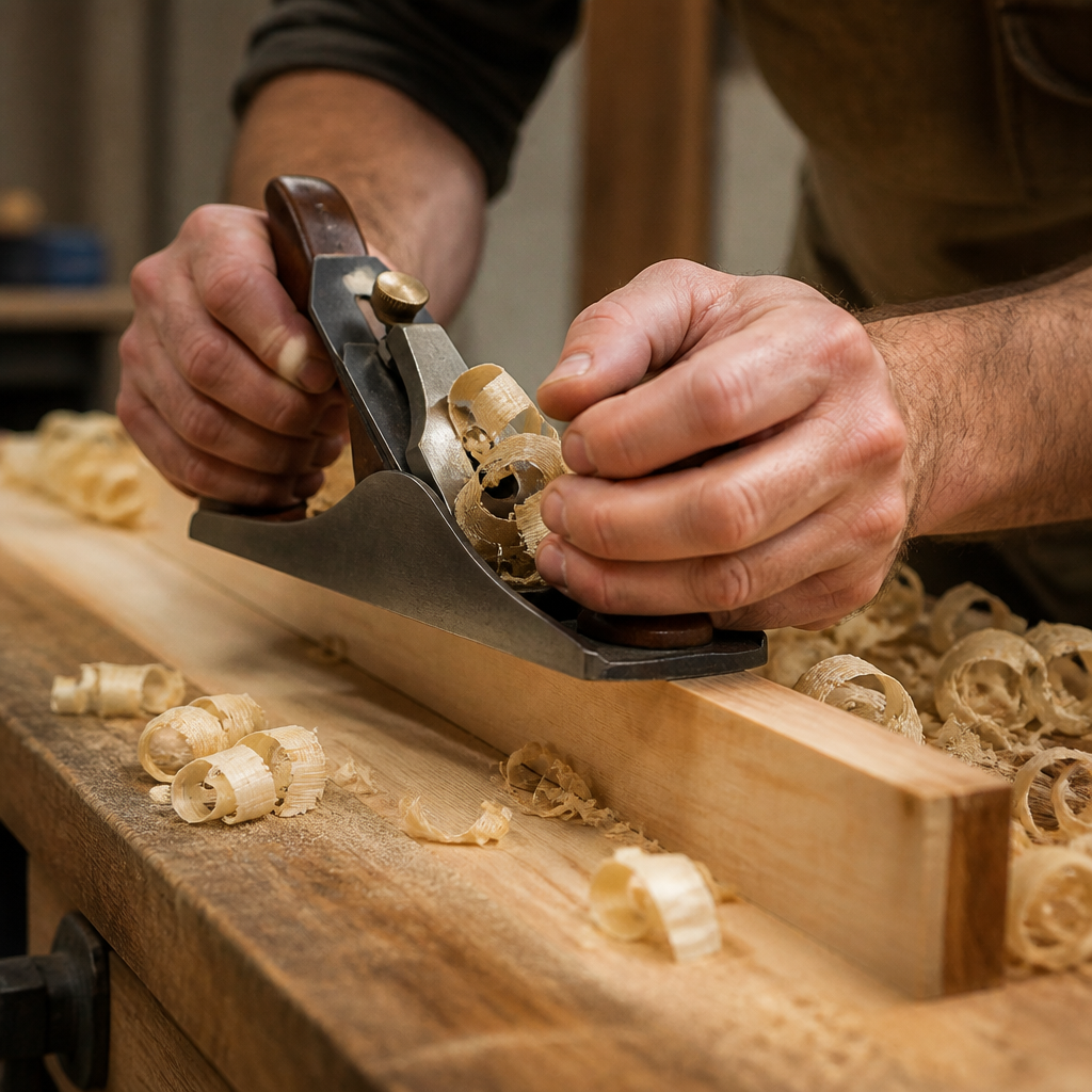 Manos cepillando madera en el taller